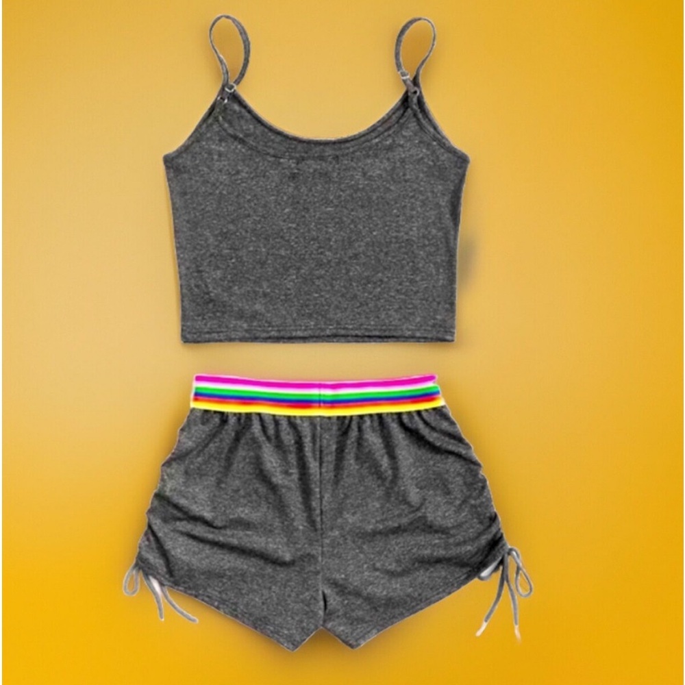 Crop Cami Style Top & Rainbow Lined Ruched Short Loungewear/Nightwear